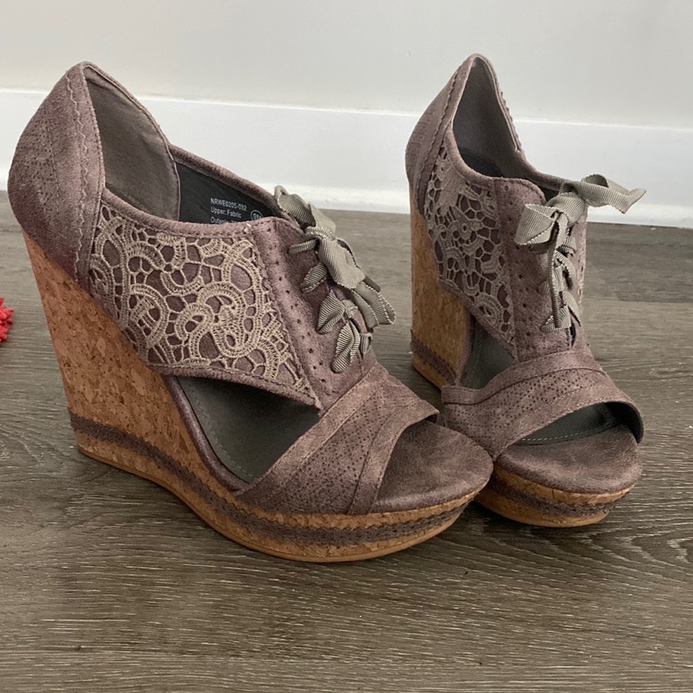 Not Rated dusty lavender lace and lace up wedges